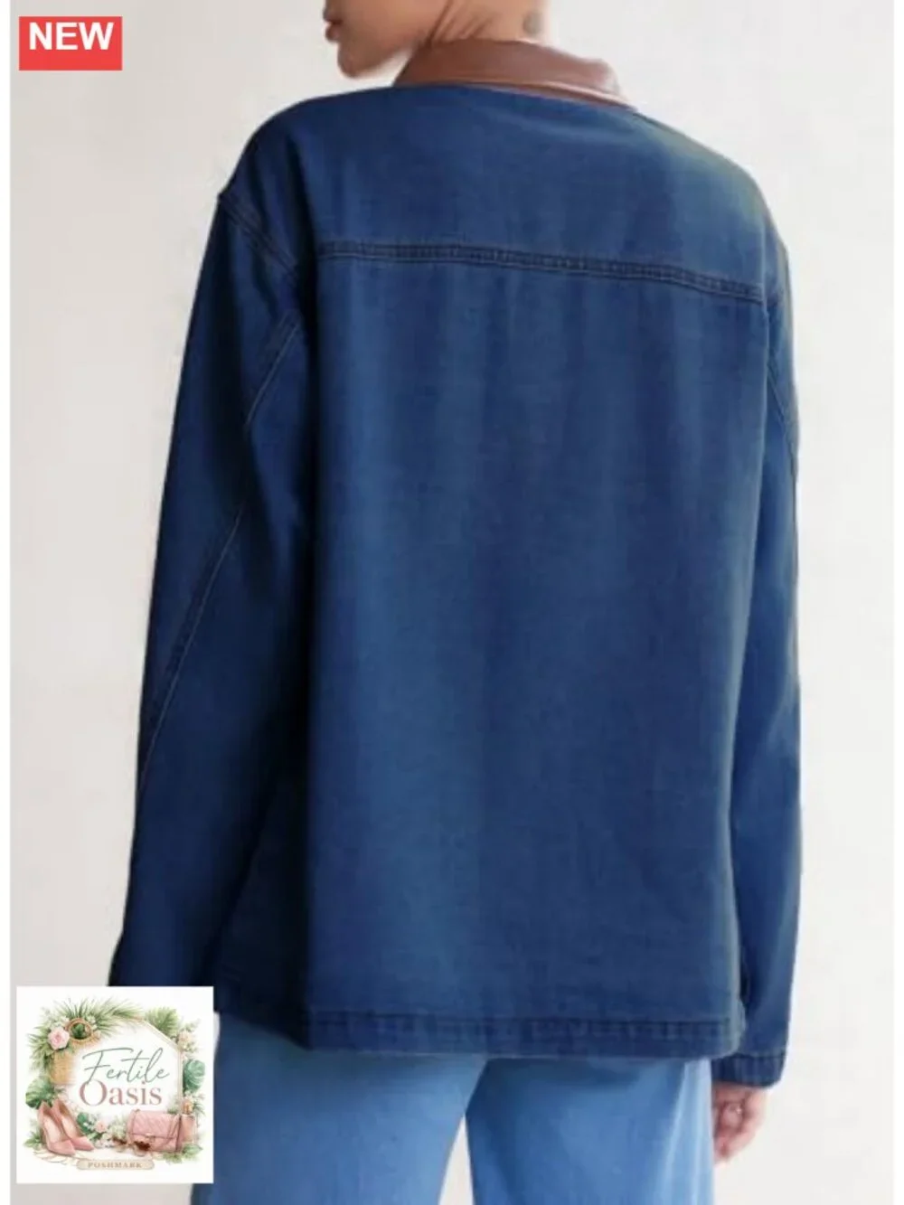 Women's Trendy Denim Jacket with Leather Collar Button Down Long Sleeve